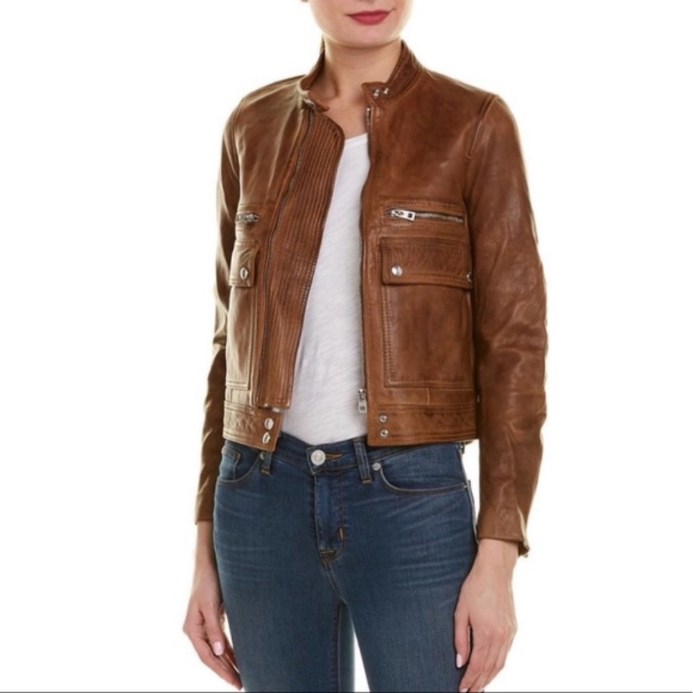Zadig & Voltaire Love Aviator Brown Goatskin Leather Full Zip Jacket  Women's M